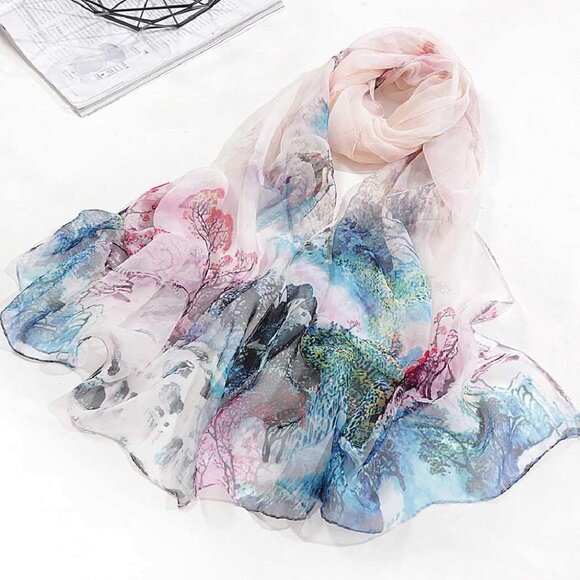 Scarfs Lightweight Print Floral Oil Painting&light Blue - Picture 3 of 3